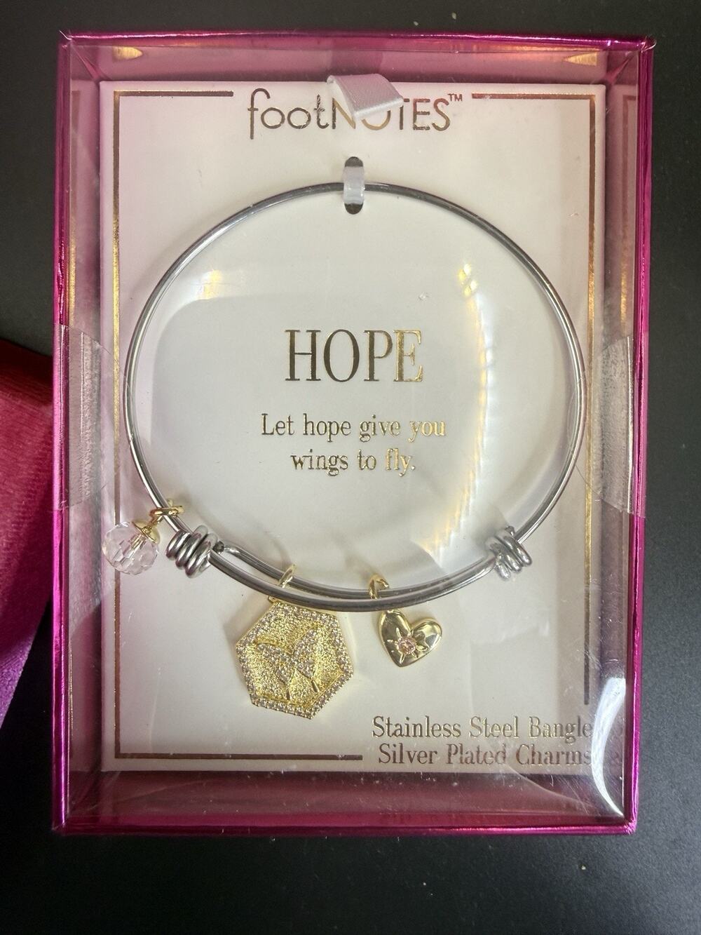 NIB Footnotes Stainless Steel Bangle Silver Plated Charms Bracelet Butterfly
